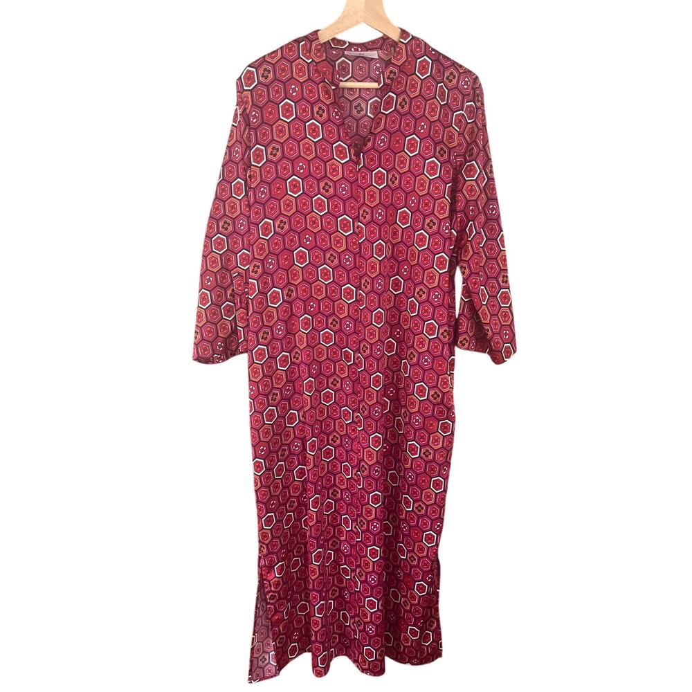 N Natori Caftan Women's Maxi Dress V-neck Red Geometric Satin Small‎